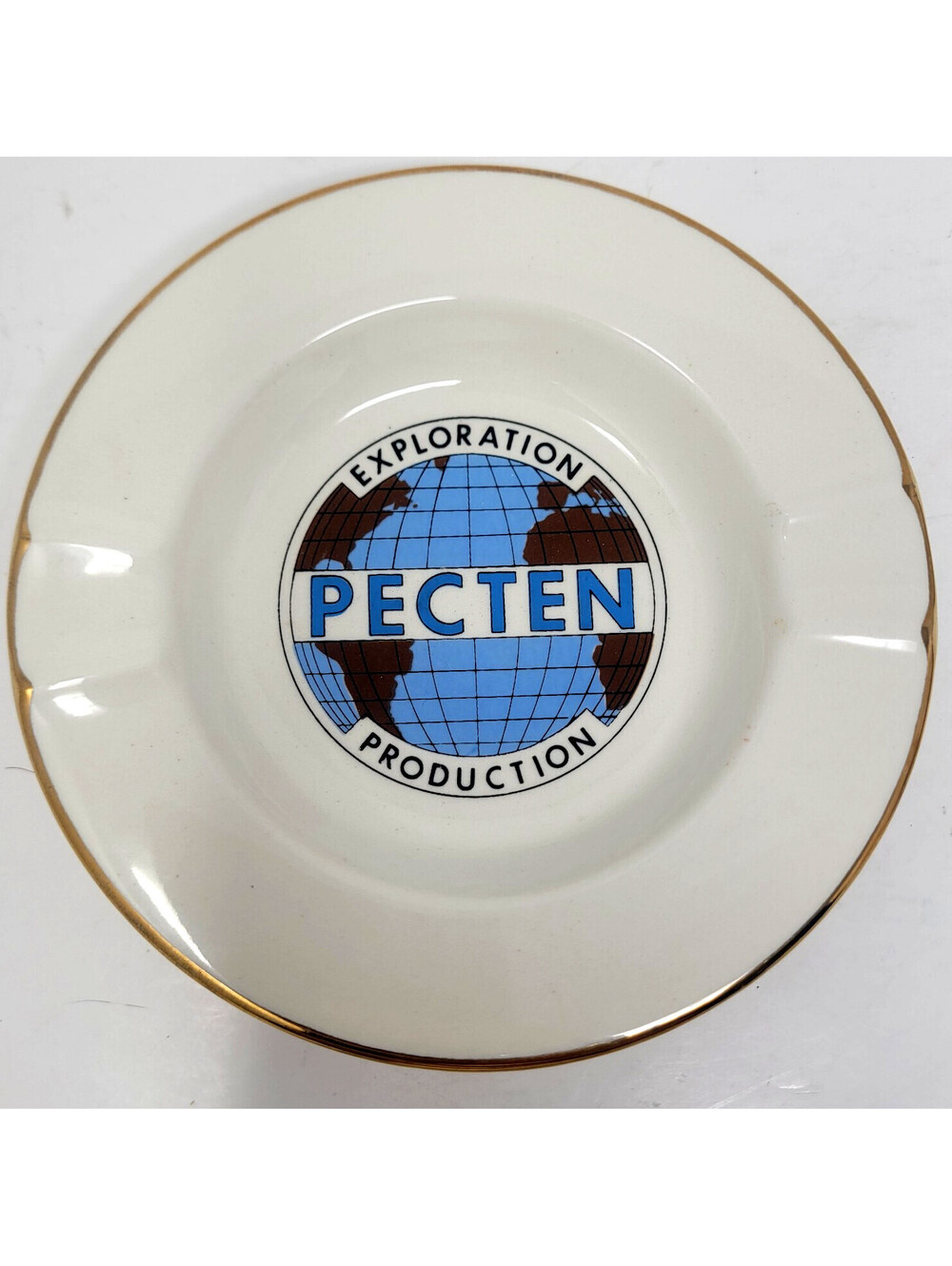 Vintage Shell Oil Pecten Exploration Production Ceramic Ashtray Gold Rim